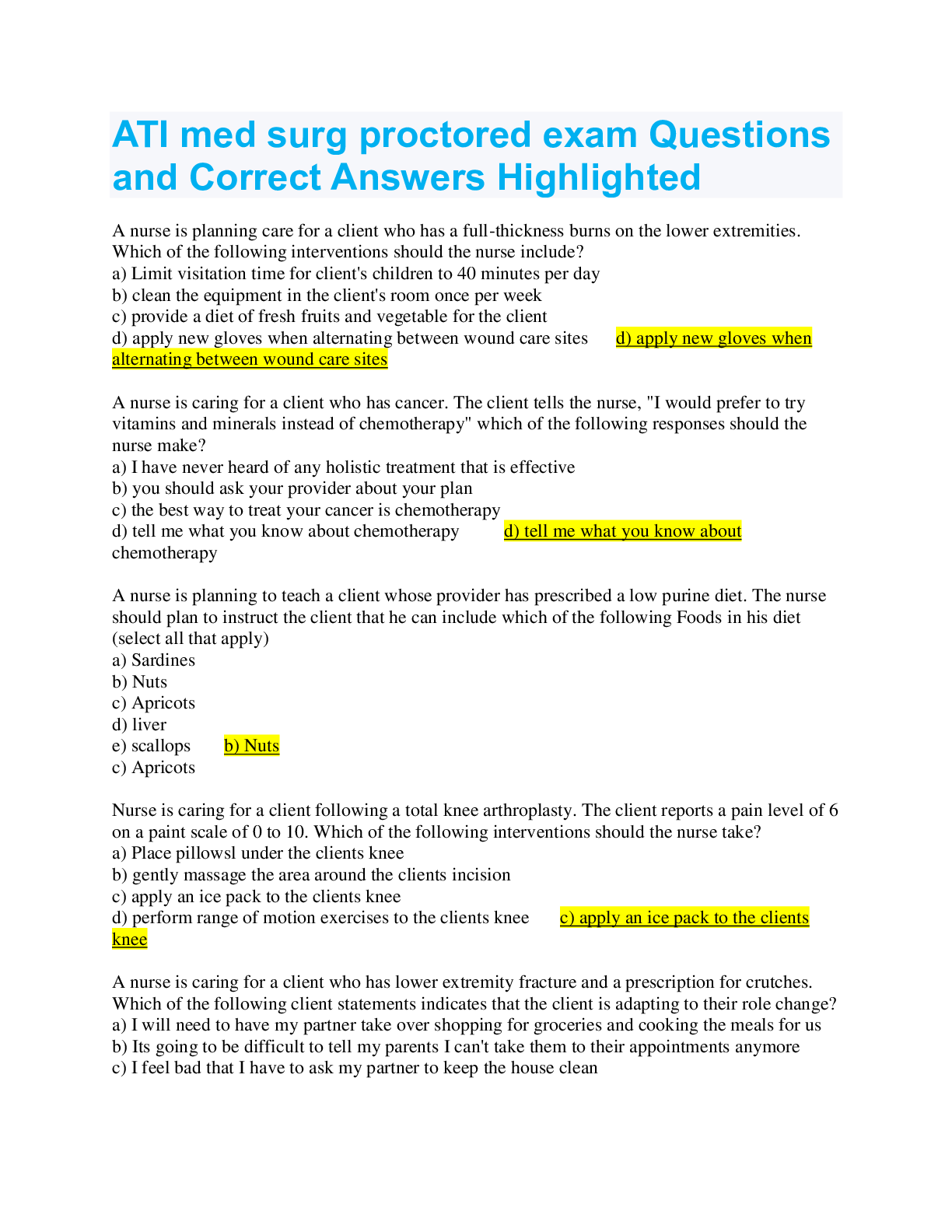 Preview image for ATI med surg proctored exam Questions and Correct Answers Highlighted. 2022/2023 update